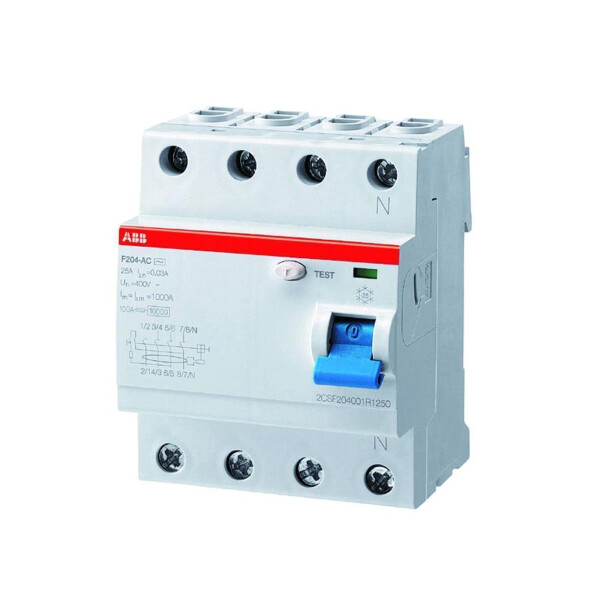 ABB FI-Schutzschalter A 4p 400V 63A 0,3A 4TE REG DIN-Schiene(REG) 10kA 0,25kA/stoß F204A-63/0,3